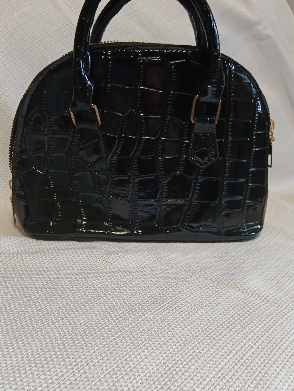 Glossy Black Croc-Embossed Dome Satchel with Top Handles